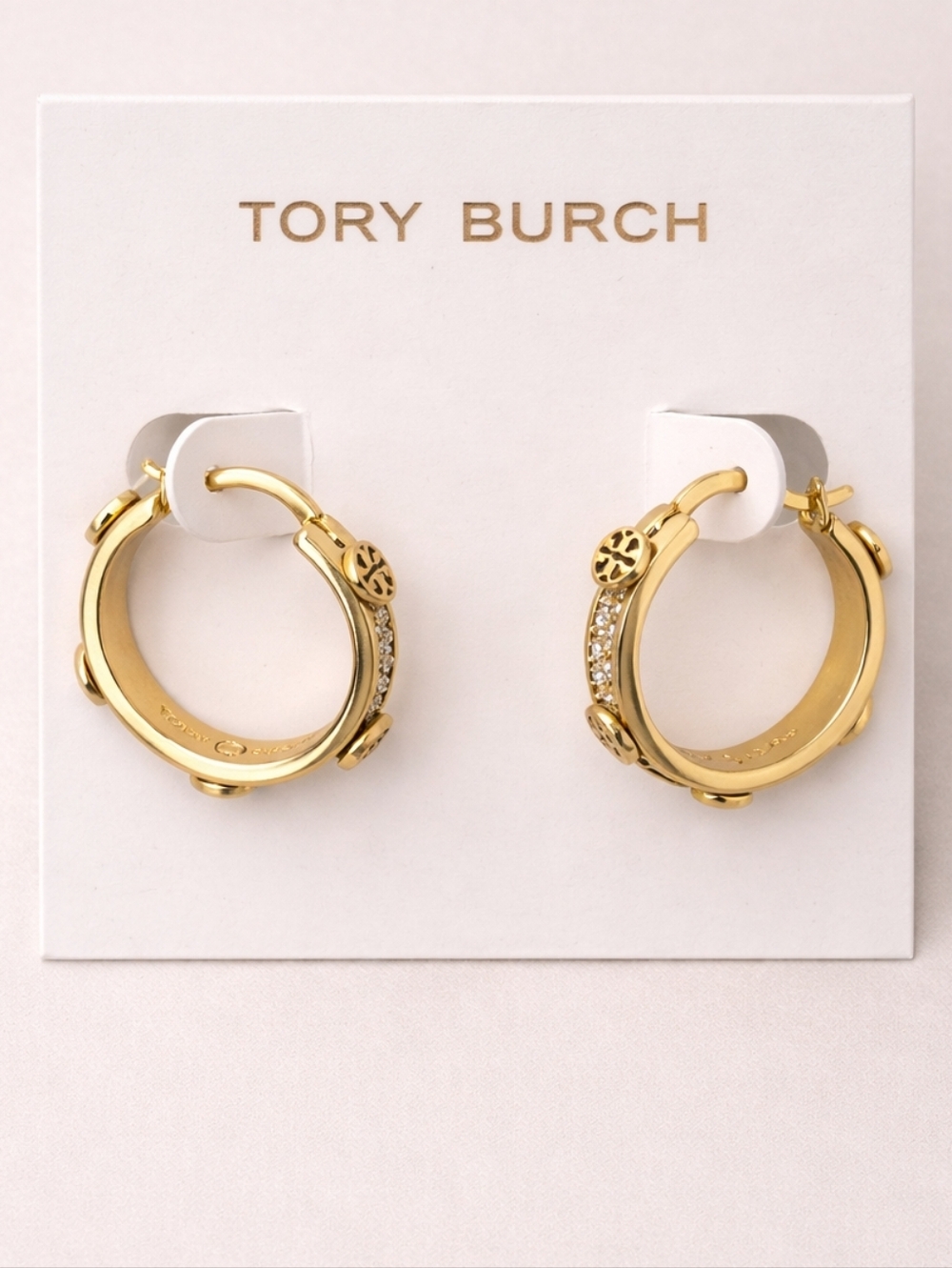 Tory Burch Double T Crystal Small Hoops | Gold | NWOT - Picture 4 of 4